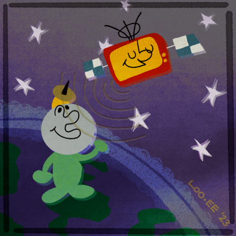 A grainy illustration of the Satellaview mascots, Satebô and Parabô. Parabô, a satellite receiver stands on the earth, as Satebô, a satellite, broadcasts signals back down to them, against a background of stars. 