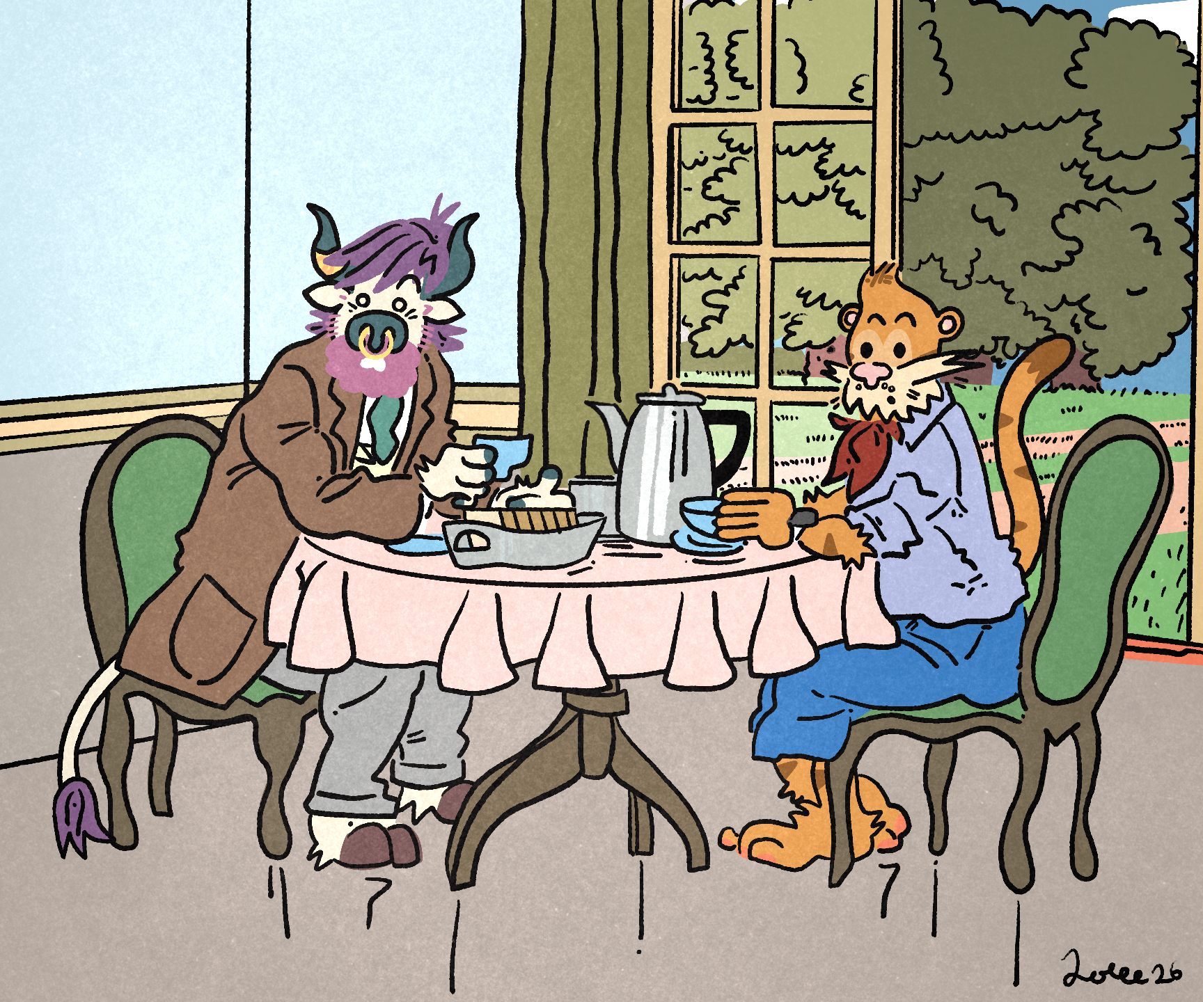 A derivative image based on a panel in Hergé’s The Red Sea Sharks. Image is done in pastiche/style of Hergé’s Adventures of Tintin. In it, two anthropomorphic characters have breakfast including a toast rack and a coffee pot on a light pink table cloth. They sit at a round table at two chairs. On the left (in Haddock’s seat) sits an anthropomorphic bull with a ring on their left horn and wearing a breakfast jacket with grey trousers. They have pink/purple facial hair. Next to them (in Tintin’s seat) is an anthropomorphic tiger who wears a light blue chemise with a red neckerchief and blue jeans. Their paws are resting against each other. Outside, a yellow panelled door with glass has been slid open, and looks out onto a manor gard